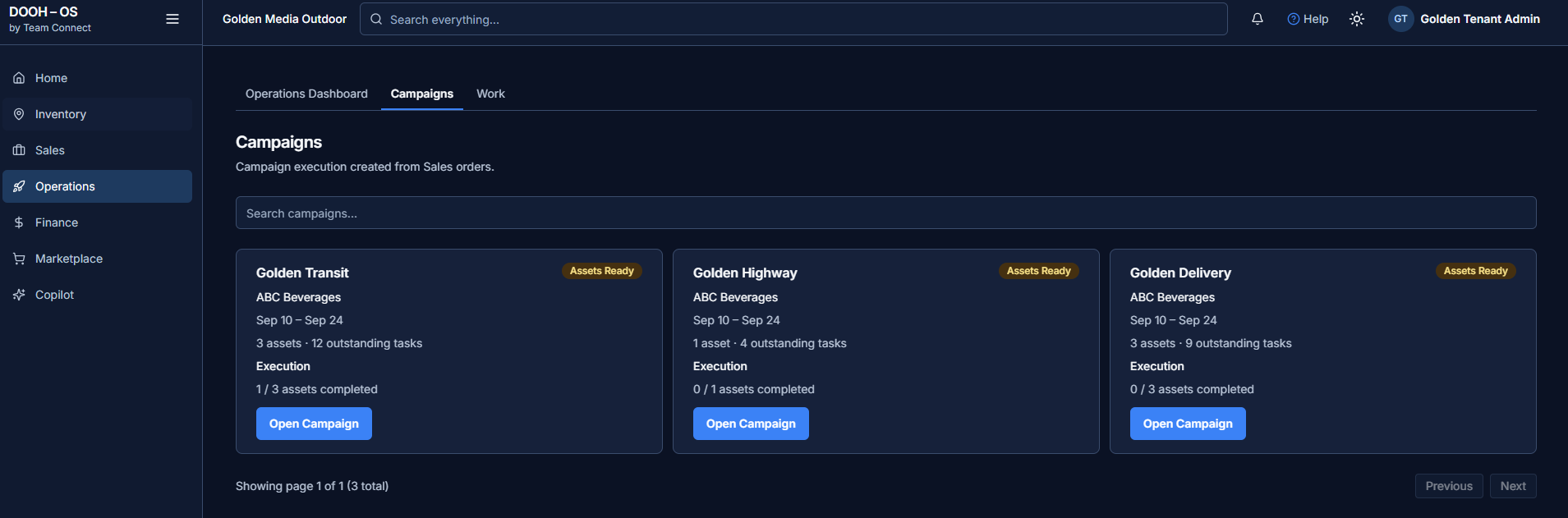 The Campaigns screen showing three campaigns with dates, asset counts, outstanding tasks and execution progress