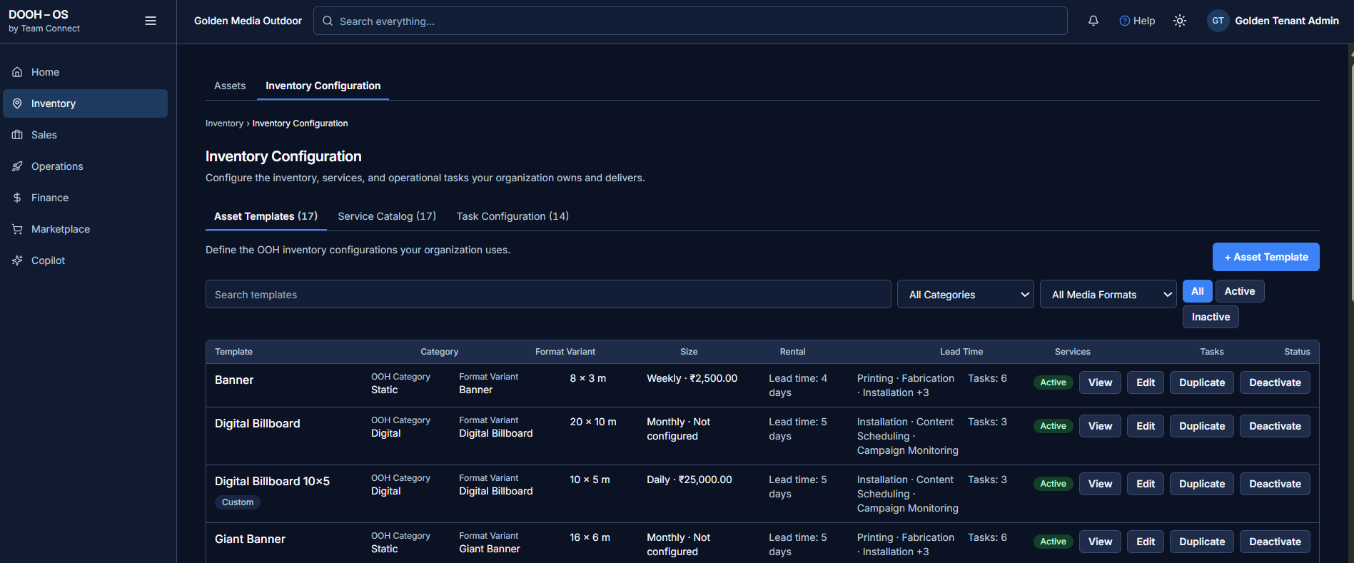 Inventory Configuration screen listing asset templates such as Banner, Digital Billboard and Giant Banner